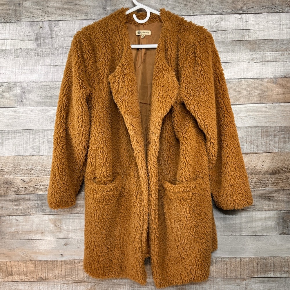 Democracy Womens Open Front Teddy Sherpa Jacket Coat Camel Brown size  M